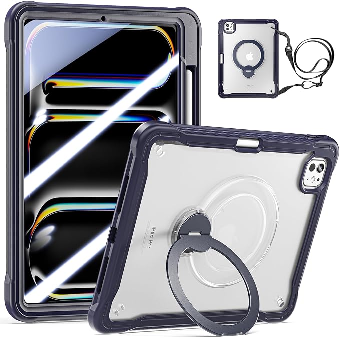 Lunivop Compatible with iPad Pro 11 Inch Case (M5/M4) 2025/2024 with 360° Rotating Aluminium Stan Stand Built-in 9H+ Hardness Screen Protector Military - Grade Tablet Cover Black