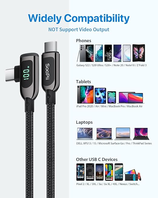 SOOPII 100W Right Angle USB C to USB C Cable2-Pack 1FT Zinc Alloy Case Nylon Braided Type-C Cable with LED Display for lPad Mini/Air/ProMacBook ProSamsung S23/S22/S10PixelLG(0.3mBlack)