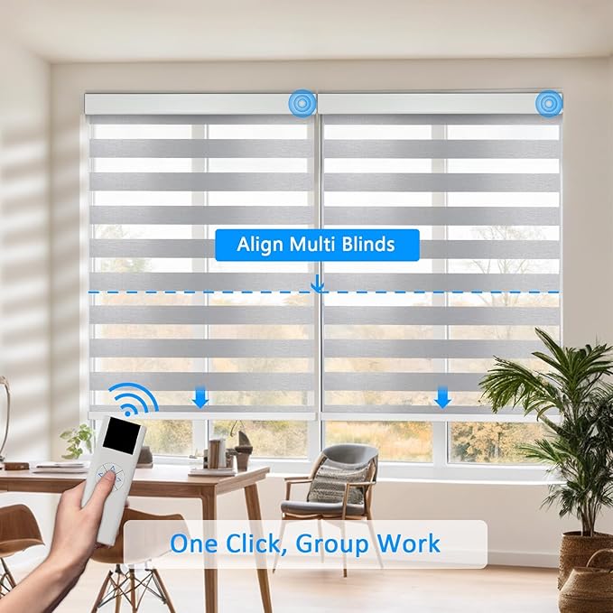 COOLWINDS Motorized Zebra Blinds for Windows Cordless Electric Curtains with Remote Control Blackout Shades Custom Smart Blinds Compatible with Alexa Google Home(Light Filtering Grey,Custom)