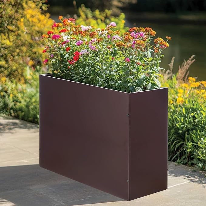 BAYN Metal Rectangular Planter Box Tall Planters for Outdoor Plants Modern Heavy Duty with Drainage Holes for Outside Indoor Patio Deck - Brown, 32”x 12”x 24”