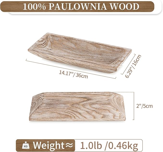 Hanobe Decorative Wood Dough Bowl: Long Wooden Bowl for Entry Way Table Home Decor - Coffee Table Decor for Living Room - Dining Table Centerpiece Decor, White