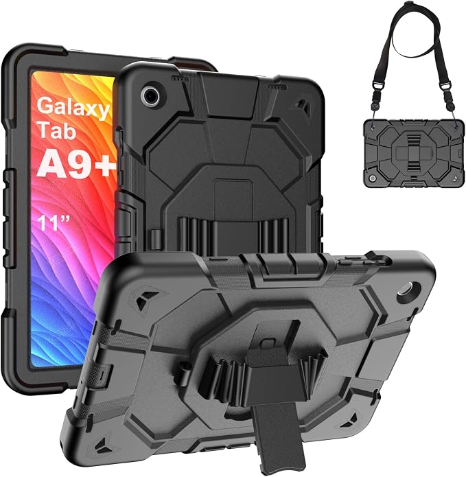 Heavy Duty Shockproof Case for Samsung Galaxy Tab A9+ Plus 11 2023 (SM-X210/X216/X218) [Dual Front Frame] with/No Screen Protector 360 Rotating Stand Hand &amp Shoulder Strap (Black/Black)