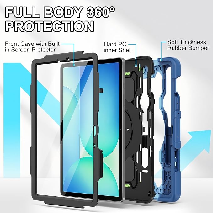 Galaxy Tab S10 Lite/S10 FE/S9 FE 5G/S9 Case 10.9/11 inch | with Screen Protector 360° Rotating Kickstand Hand/Shoulder Strap Heavy Duty Shockproof Cover S Pen Holder Kids Friendly