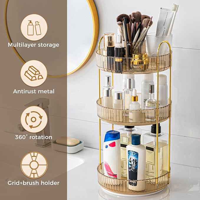 360° Rotating Makeup Organizer, Upgraded 3 Tier Skincare Perfume Organizers for Women, Bathroom Organizer Countertop, Clear Cosmetic Dresser Organizer with Makeup Brush Holder, Sink&Counter(Amber)