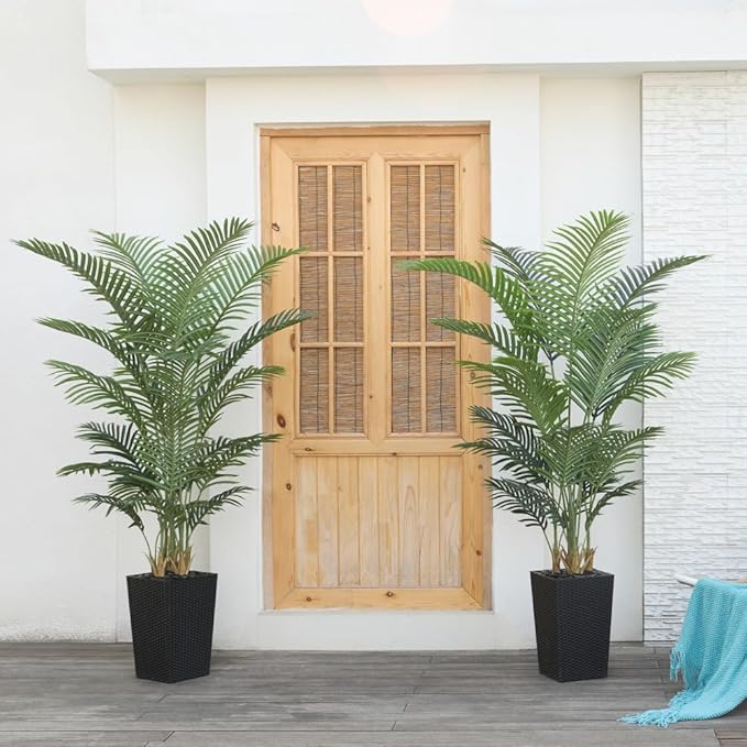 6FT Artificial Palm Tree - Tall Fake Tree with Black Taper Planter & Pebbles, UV Resistant for Indoor & Outdoor Decor - Large Potted Faux Plant for Living Room, Office, Home Decor,VN130