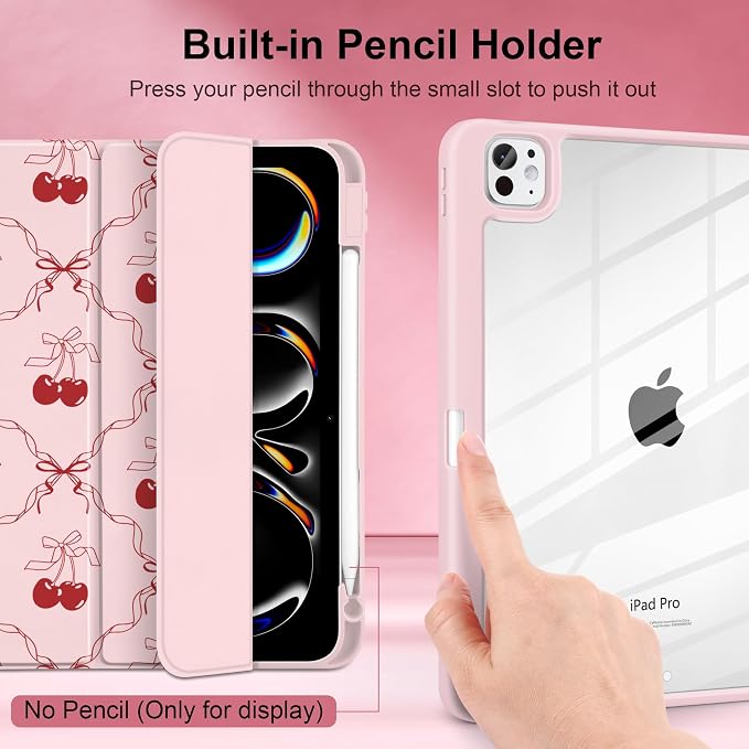 DONGKE for iPad Pro 11-Inch Case (M5 2025 / M4 2024) 6th/5th Generation [Auto Sleep/Wake &amp Pencil Pro Holder] Clear Acrylic Back Smart Trifold Stand Cover Bear &amp Cherry