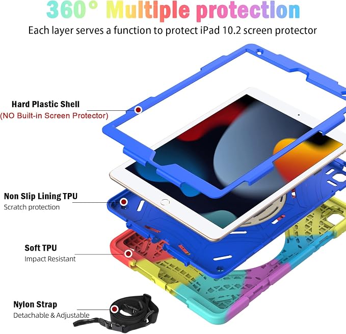 BMOUO for iPad 9th/8th/7th Generation Case 10.2 Black | Shockproof Rotating Stand Shoulder Hand Strap iPad 9th/8th/7th Generation Case with Pen Holder for iPad 10.2“ 2021/2020/2019