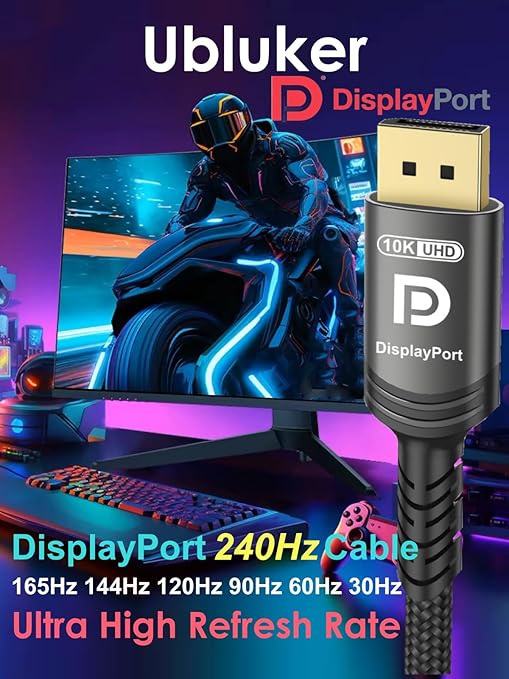 Ubluker 10K 8K DisplayPort 2.1 Cable 54Gbps 8 FT, Certified DP to DP Cord 4K 240Hz 165Hz 144Hz 120Hz 10K 8K 120Hz Nylon Braided UHBR HDCP2.3 FreeSync G-Sync RTX5090 Gaming Monitor PC Projector