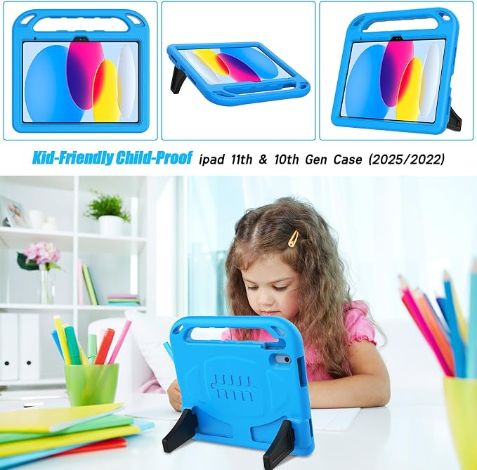 TIRIN Kids Case for iPad A16 11th Generation 2025/iPad 10th Generation 2022 with Built-in Screen Protector Shockproof Handle Stand iPad Case for Kids Black