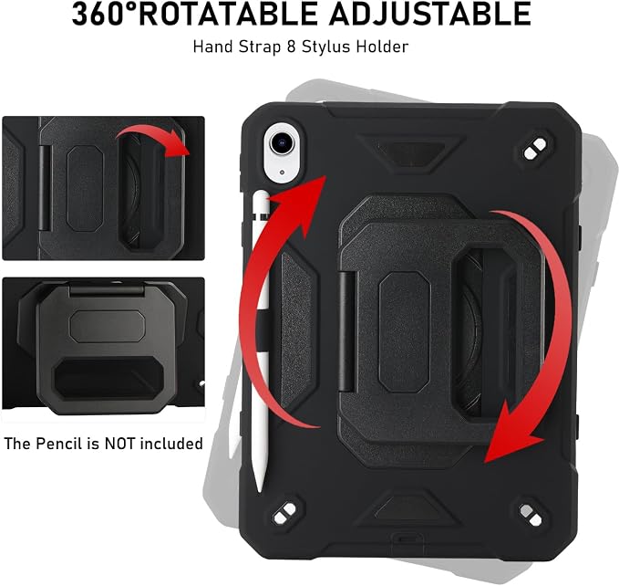 for iPad (A16) 11th Generation Case 11 Inch 2025/ iPad 10th Generation Case 10.9 Inch 2022 with 360 Rotating Grip Magic StandPencil Slot/Key Chain/Carrying Shoulder Strap Cover for iPad 10th Gen