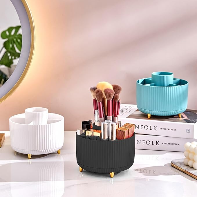 DASITON Large Capacity Makeup Brush Holder,360° Rotating Makeup Organizer,5 Slot Makeup Brushes Cup,for Vanity Decor,Bathroom Countertops,Desk Storage Container,Cosmetic Display cases(Black)