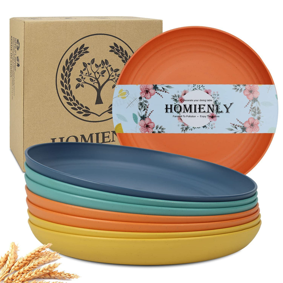 Homienly Deep Dinner Plates Set of 8 Alternative for Plastic Plates Microwave and Dishwasher Safe Wheat Straw Plates for Kitchen Unbreakable Kids Plate Set with 4 Colors (Classic Bright, 9 inch)