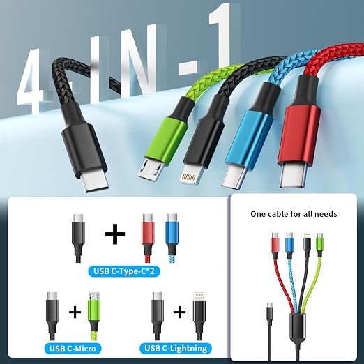 4 in 1 Multi Charging Cable 2 Pack 6FT Charging Cords for Devices | Nylon Braided USB C Car Charger Cable with Dual USB-C IP &amp Micro Ports Long Travel Charging Cord for Cars