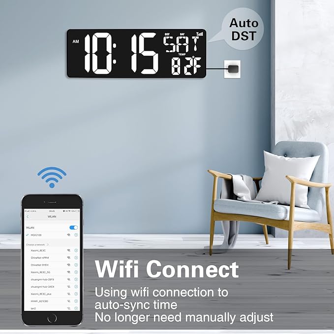 XREXS 16.5 in Large Display Wall Clock with Temperature/Date/Week, LED Big Digital Timer Clock with Remote Control, Alarm Clock for Home and Office, Auto-dimming