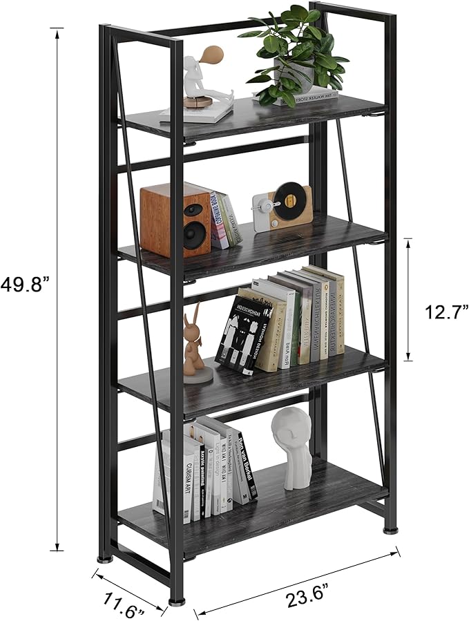 BHG Vintage Multifunctional Folding Bookshelf, No-Assembly Plant Stand Storage Rack Shelves for Home Office (Gray, 4-Tier)
