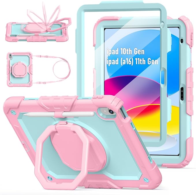 Case for iPad (A16) 11th/10th Generation 11/10.9 2025/2022 Black | Full-body Heavy Duty iPad A16 Case for Adults Kids with Screen Protector 360° Rotating Stand Shoulder Strap Pencil Holder