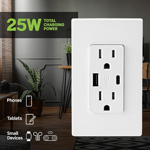 Leviton Type A &amp Type-C USB In-Wall Charger with 20A Tamper-Resistant Outlet USB Charger for Smartphones and Tablets. Not for Laptops T5833-E Black