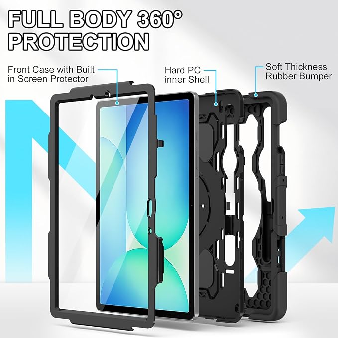 Galaxy Tab S10 Lite/S10 FE/S9 FE 5G/S9 Case 10.9/11 inch | with Screen Protector 360° Rotating Kickstand Hand/Shoulder Strap Heavy Duty Shockproof Cover S Pen Holder Kids Friendly