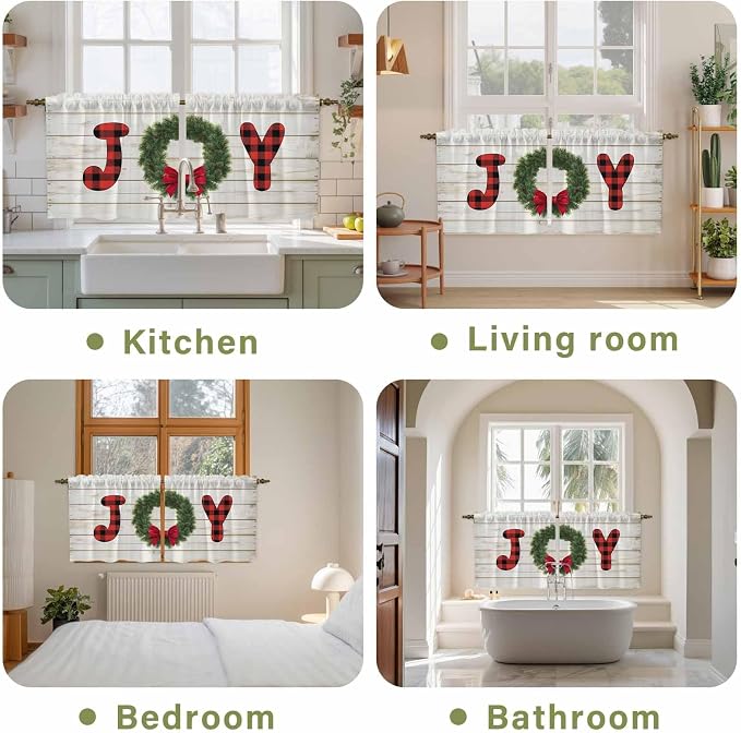 Christmas Wreaths Kitchen Tier Curtains 24 Inch Long 2 Panel Set, Rod Pocket