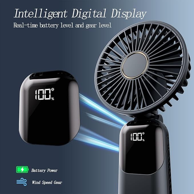 GOCKERA Portable Fan, 4200mAh Battery Operated Fan, 5 Speeds&Digital Display, Makeup Fans for Women with Base, 180°Foldable 3in1 Handheld/Neck/Desk Fan for Outdoor Indoor,Ultra Quiet (Black white)