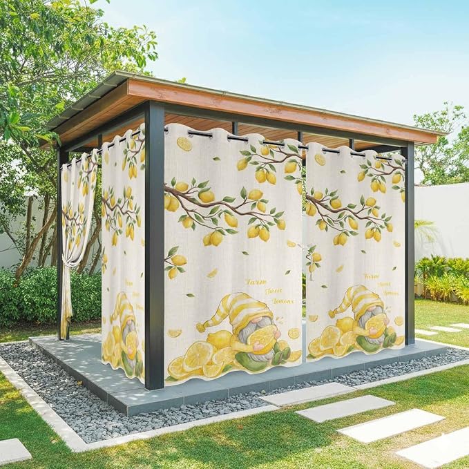 Summer Outdoor Curtains for Patio Lemon Gnome Leaf Linen Texture Waterproof