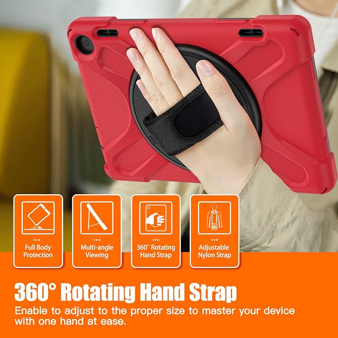 Rugged Case for Amazon-Kindle-Fire-HD-8 &amp 8 Plus Tablet (12th Generation 2022) 8“ w/ 360° Rotating Hands-Free Kickstand Full Body Armor Heavy Duty Shock-Proof Cover w/Hand/Shoulder Strap(Black)