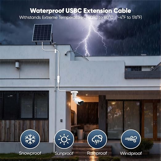 USB C Extension Cable 20FT for Ring Solar Panel-White Waterproof | USBC Male to Female Extender Cord WindproofPower Charging Ring Camera Extension Cable for Solar PanelMag-Safe ChargerPhone