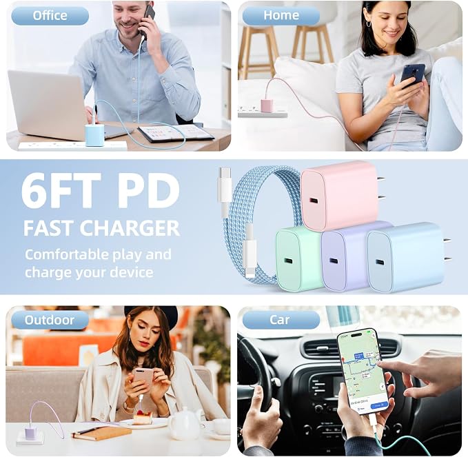 Phone Charger Fast Charging 4 Pack 20W USB C Wall Charger Block with Cable | 6FT Charging Cable Type C Fast Charge Block Compatible with Phone 14/14 Pro Max/13/13 Pro/12/12 Pro/11/11 Pro/XS Pad More