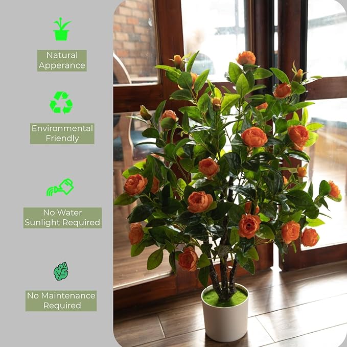Artificial Camellia Tree 35in Faux Floral Plant with Red Flowers and Green Leaves - No Maintenance Indoor Outdoor Office Home Porch Decor Housewarming Gift(2 Pack - RED)
