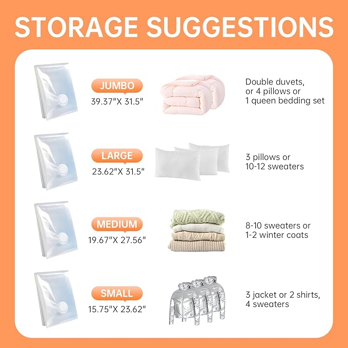 12 Pack Vacuum Storage Bags with Electric Pump, (3 Small, 3 Medium, 3 Large, 3 Jumbo) Vacuum Seal Bags for Clothing, Space Saver Bags for Travel, Luggage Compression Packing