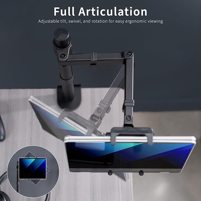 VIVO Universal Tablet Desk Mount, Single Arm Adapter for 2-in-1 Laptops, Holds up to 15.6 inch Portable Monitors Without VESA Holes, Fully Adjustable Stand, Black, STAND-V001UVM