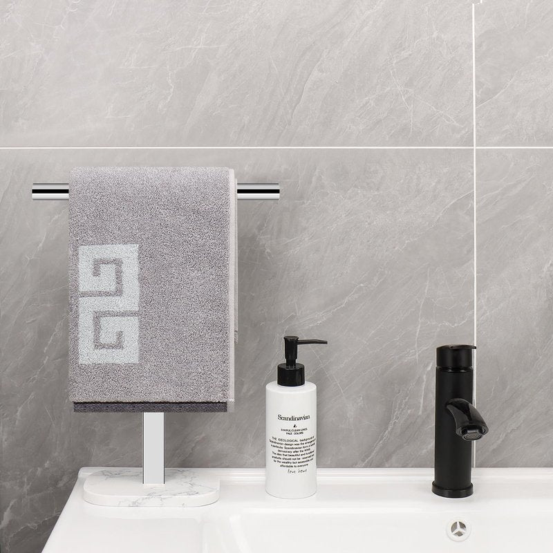 NearMoon T-Shape Hand Towel Holder-Bath Towel Rack-Standing with Balanced Base Towel Bar for Bathroom Kitchen Vanity Countertop, Modern Stand Towel Ring with Marble Base (14 Inch, Brushed Nickel)