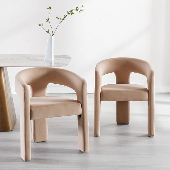 Modern Velvet Fabric Upholstered Dining Chairs with Open-Back, Cute Barrel Side Chairs Kitchen Armchair Accent Chairs for Dining Room Bedroom, Khaki