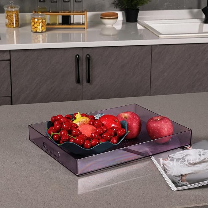 Sooyee Violet Clear Acrylic Serving Tray with Handles,16" x 12" Decorative Tray for Breakfast, Tea, Food, Butler,Coffee,Table Ottoman Vanity Countertop