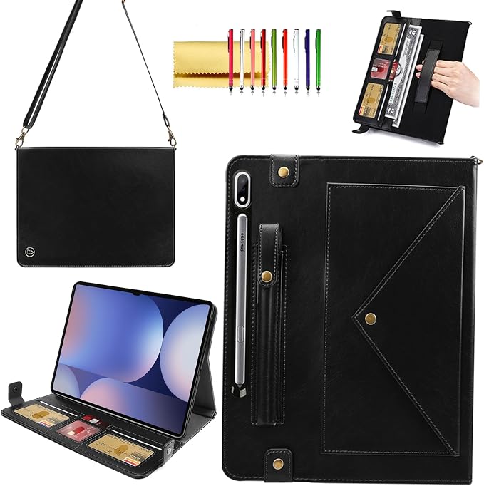 Handbag Case for Samsung Galaxy Tab S10 FE/S9 FE 10.9/S9/S8/S7 11 Techcircle Folio Stand Crossbody Wallet Protective Cover with S Pen Holder &amp Card Slots Hand Strap &amp Shoulder Strap Black