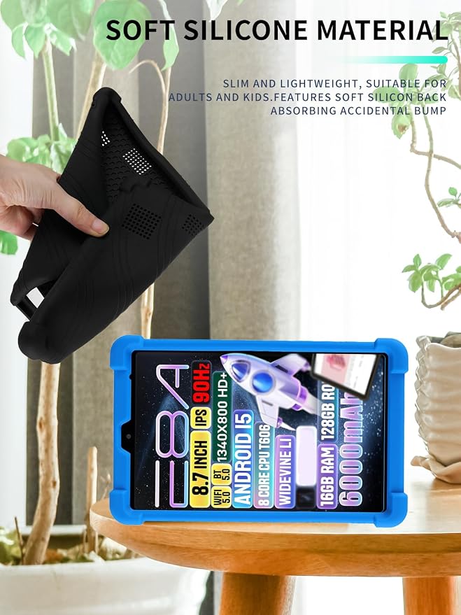 Case for Zuleisy E8A Android 15 Tablet 8.7 inch，WUNIAK Shock Proof Lightweight Stand Rubber Shell Protective CoverKids Friendly Soft Silicone Adjustable Stand CoverBlack