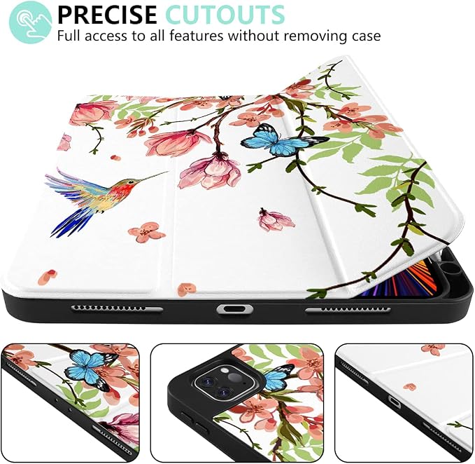 MEEgoodo for iPad Pro M2 12.9 Case 6th/5th/4th/3rd Generation 2022 2021 2020 2018 with Pencil Holder Tablet Cover with Soft TPU Back Shell Art Painted Flowers