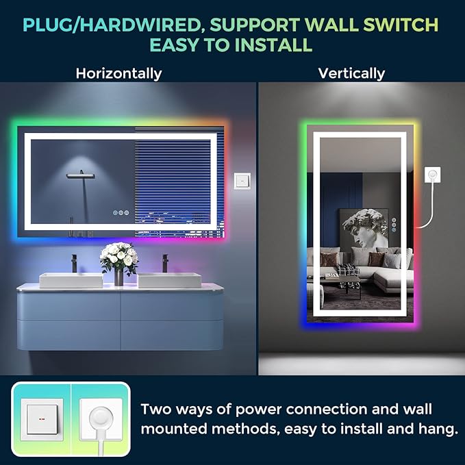 YEELAIT 55x30 Inch RGB LED Bathroom Mirror Front Light and RGB Backlit Lighted Vanity Mirror for Bathroom Wall Mounted Dimmable Anti Fog Memory Shatter-Proof IP54 Waterproof Horizontal/Vertical