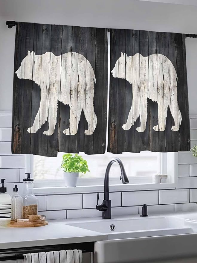 Sheer Curtains 54 Inch Length, Rustic Counrty Vintage Wood Grain Privacy Voile