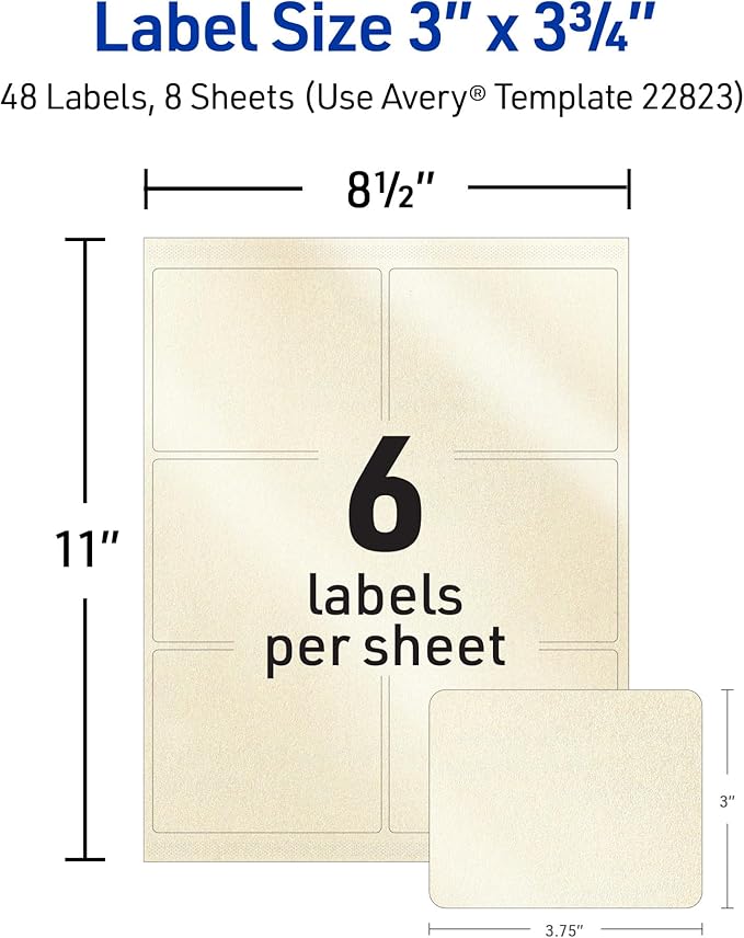 Avery Printable Rectangle Labels, 3" x 3.75", Pearlized Ivory, Laser & Inkjet Compatible, 48 Customizable Label Stickers, Great for Product Branding, Favors, Thank You Stickers, and More (22823)
