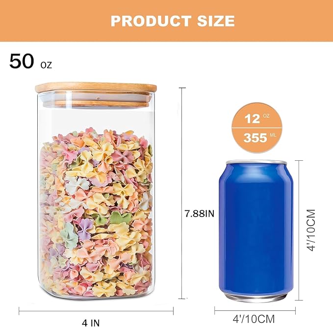 50oz Glass Food Storage Jars Set of 6,Glass Storage Containers Clear Glass Food Canister with Bamboo Lid Airtight For Serving Tea, Coffee, Flour, Sugar, Candy, Cookie, Spice and More (Square)