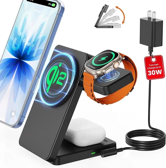 Wireless Charger Stand CIYOYO 3 in 1 Fast Wireless Charging Station Dock for Apple Watch 11/9/8/7/6/SE/5/4/3/2 Airpods 3/2/Pro iPhone 17/16/15/14/14 Plus/14 Pro Max/13/13 Pro/12/12 Pro/SE/X/XR/XS/8