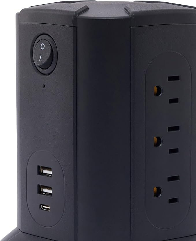 Amazon Basics Power Strip Tower Charging Station, Surge Protector 1080J, 9 Outlet with Integrated USB Charging Ports (2 USB-A and 1 USB-C), Space Saving, 15A, 6ft Cord, Black