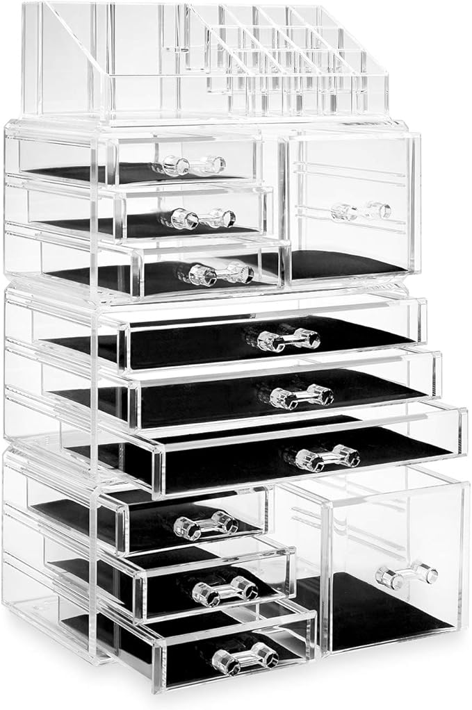 Casafield Acrylic Cosmetic Makeup Organizer & Jewelry Storage Display Case - Large 16 Slot, 2 Box & 9 Drawer Set - Clear