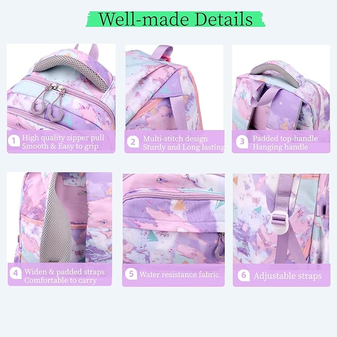 Purple Backpack for Girls Kids Backpacks with Lunch Box Elementary Middle High School Backpacks Students Bookbag Set School Bags for Teens Girls (Purple)