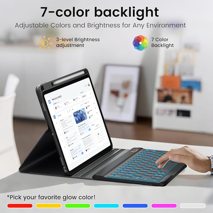 BLUTLOTUS Keyboard case for iPad 9th/8th/7th Generation 10.2 Inch - Backlit Wireless Detachable Folio Keyboard Cover with Pencil Holder for iPad 9th/8th/7th Gen Air 3rd Generation 10.5 Inch