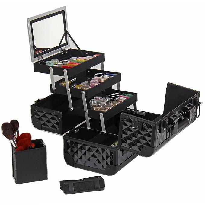 SHANY Premier Fantasy Professional Makeup Train Case Cosmetic Box Portable Make up Case Organizer Jewelry storage with Locks, 3 Trays, Makeup Brush Holder and Cosmetics Mirror - Black Diamond