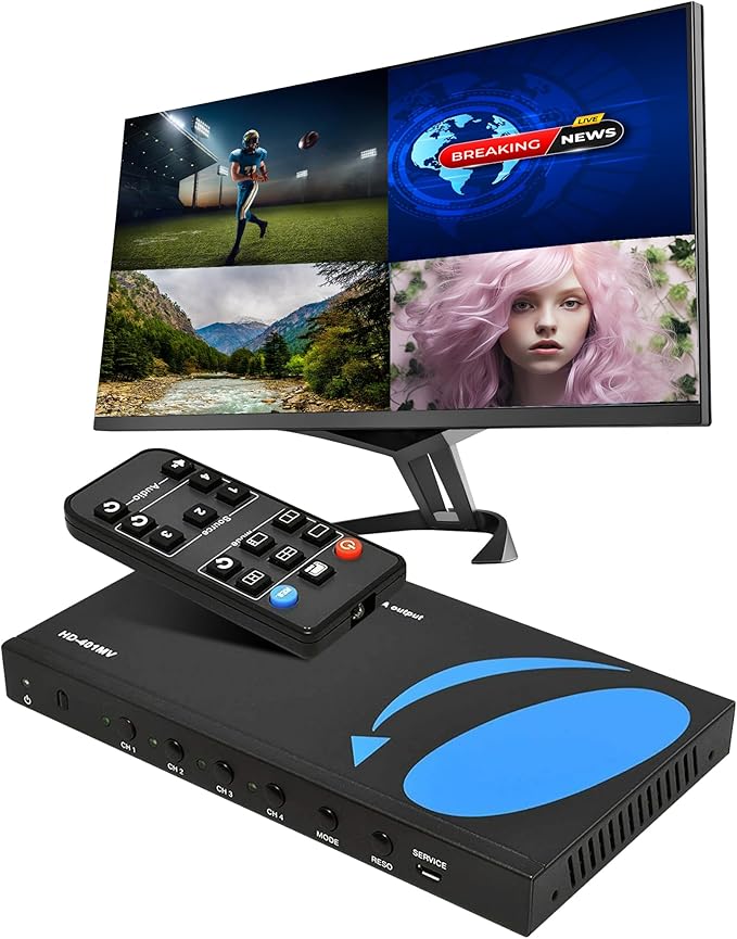 OREI HDMI Switcher 4 in 1 Out with Quad Screen Multiviewer - Supports 1080p, DTS/Dolby Audio, IR Remote Control, Seamless Switching, Compatible with HDMI Devices