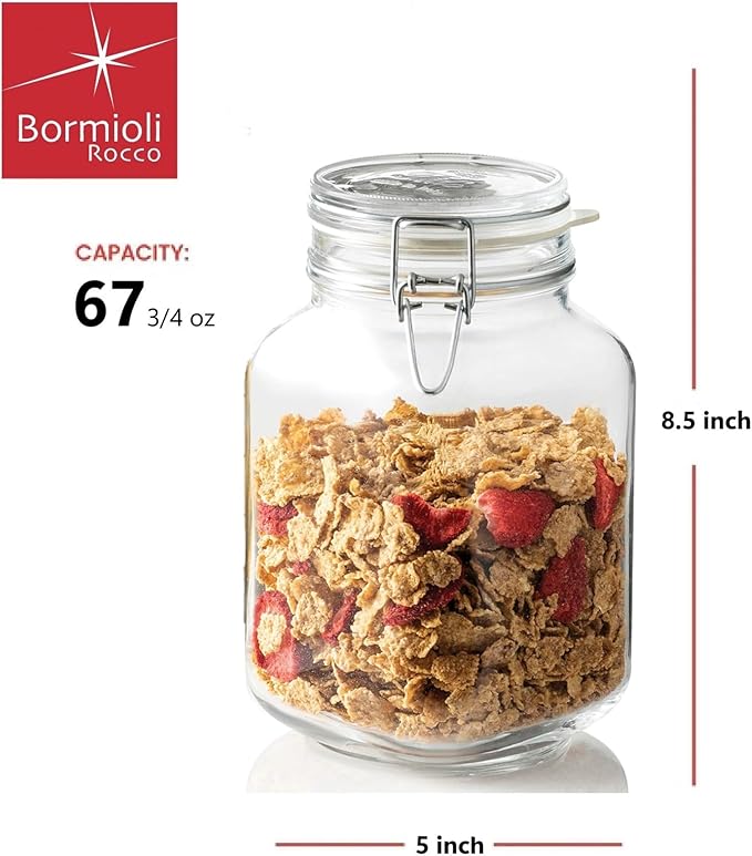 Bormioli Rocco Fido Glass Jar with Airtight Clamp Lid, 67.75 Oz - Clear
