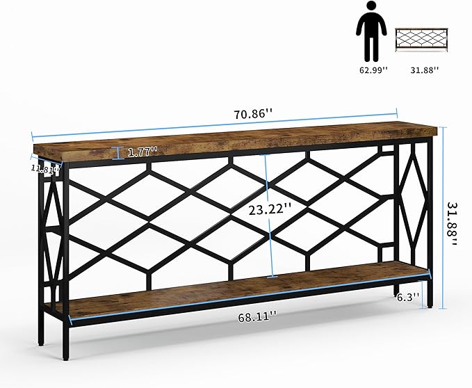 karlott 71" Extra Long Entryway Table, Narrow Console Table, Industrial Sofa Behind Couch Table with Open Storage Shelf, Hallway Table for Entryway, Living Room, Foyer, Entrance, Unique Design, Brown